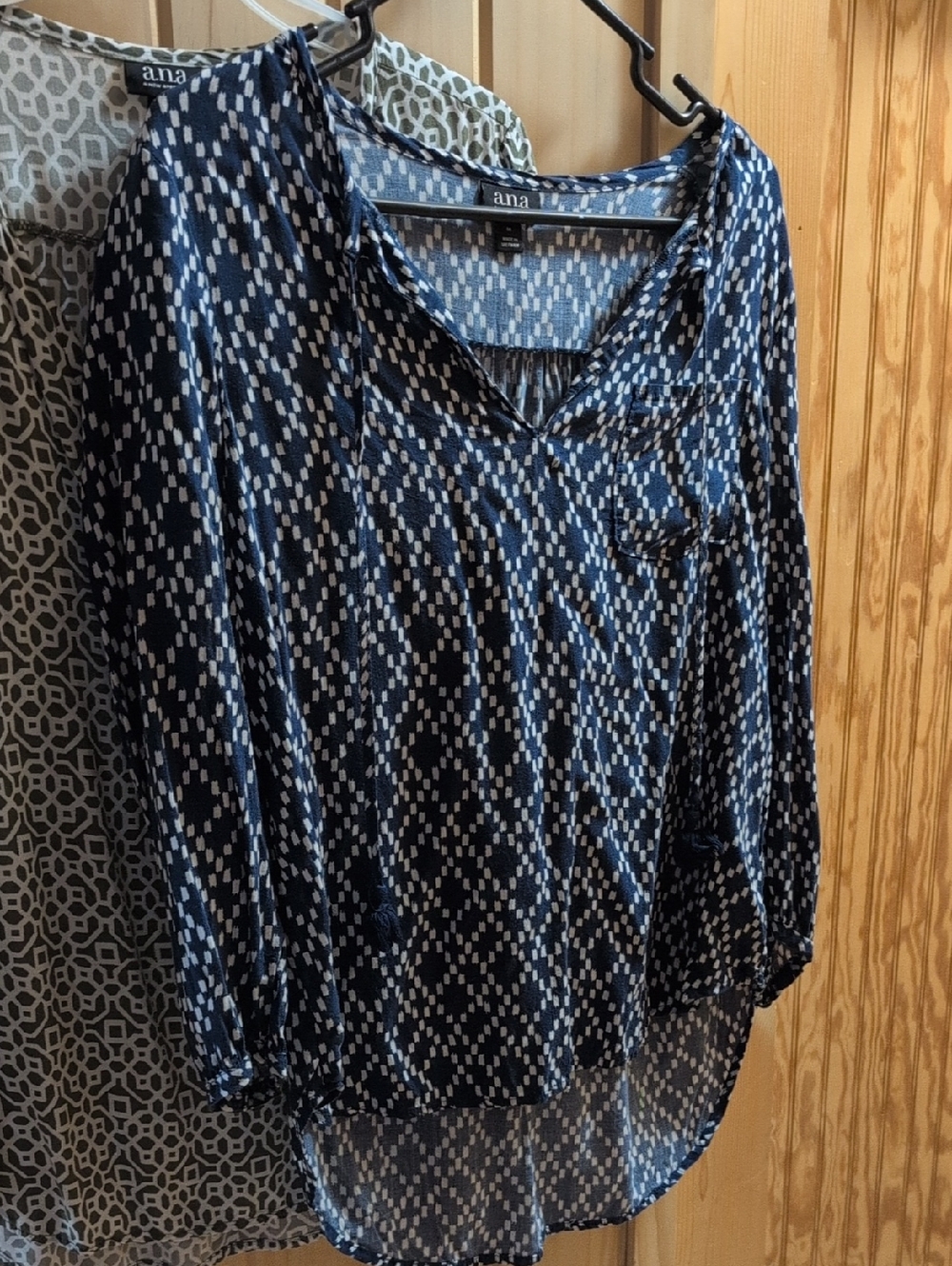 a.n.a Navy and White Geometric V-Neck Blouse